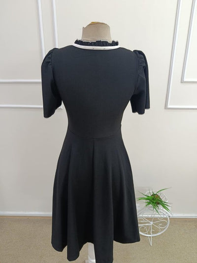 Rochie crep Janjan midi pentru femei cu maneca scurta, snur la gat si volanuri la baza, 35718