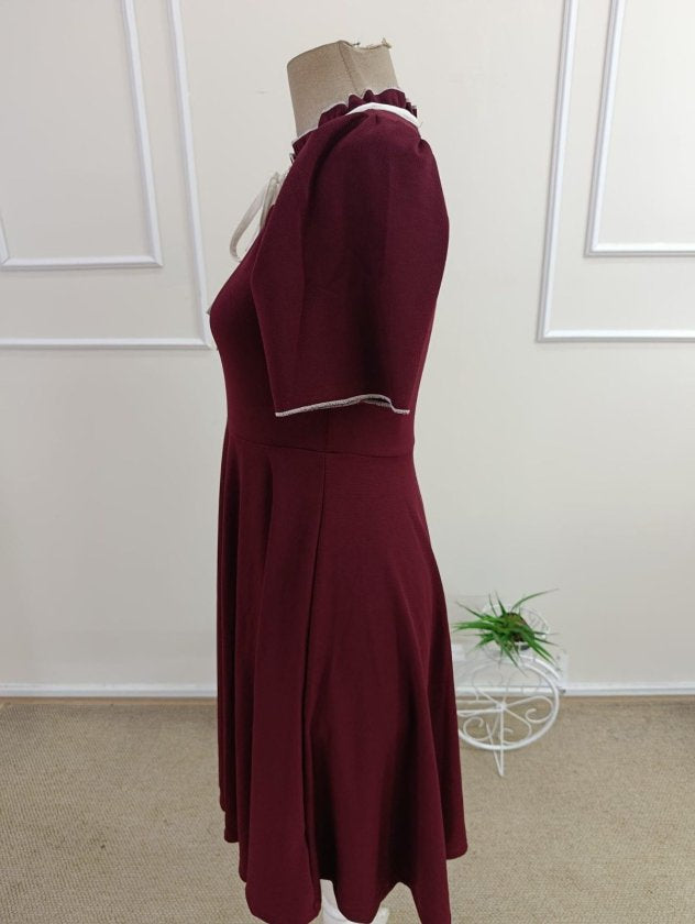 Rochie Midi Crep, Cu Mânecă Scurtă, Legată La Gât Și Volane, De Damă, 35719