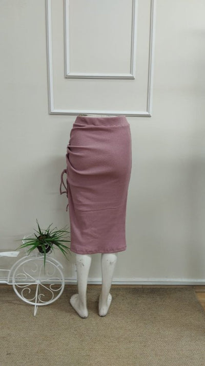 Fustă midi tip corset pentru femei cu talie elastică, încrețituri laterale și detalii din dantelă, 33340