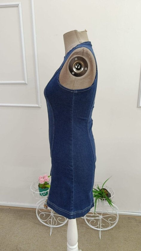 Rochie Scurtă din Denim cu Guler Bicicletă, Decolteu la Umeri, Femei, 35160