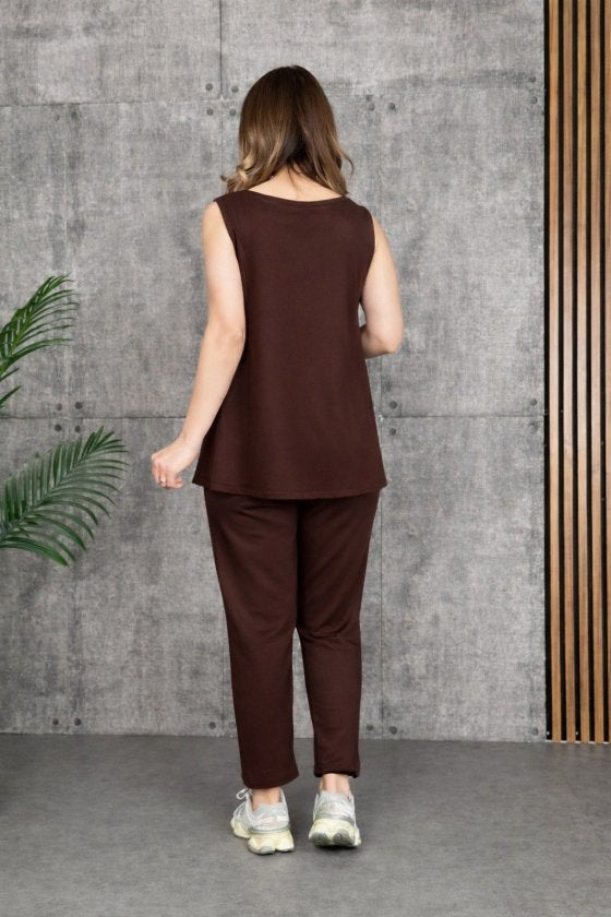 Set de două piese pentru femei, din viscoză, cu guler rotund și bretele, cu două fire, bluză și pantaloni de trening, 33360
