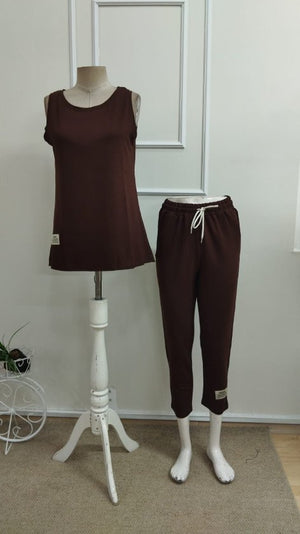 Set de două piese pentru femei, din viscoză, cu guler rotund și bretele, cu două fire, bluză și pantaloni de trening, 33360
