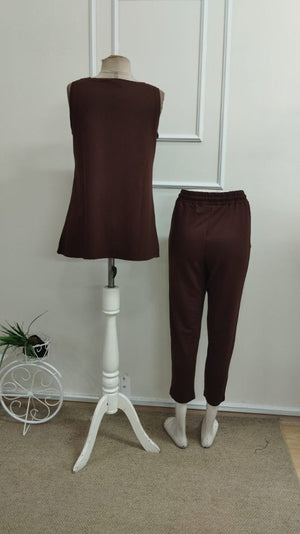 Set de două piese pentru femei, din viscoză, cu guler rotund și bretele, cu două fire, bluză și pantaloni de trening, 33360