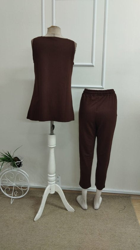 Set de două piese pentru femei, din viscoză, cu guler rotund și bretele, cu două fire, bluză și pantaloni de trening, 33360