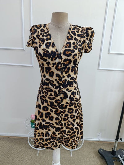 Women's Short Sleeve Deep V-Neck Button-Front Leopard Print Crop Supreme Dress, 33371
