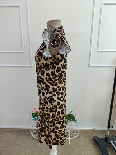 Women's Short Sleeve Deep V-Neck Button-Front Leopard Print Crop Supreme Dress, 33371