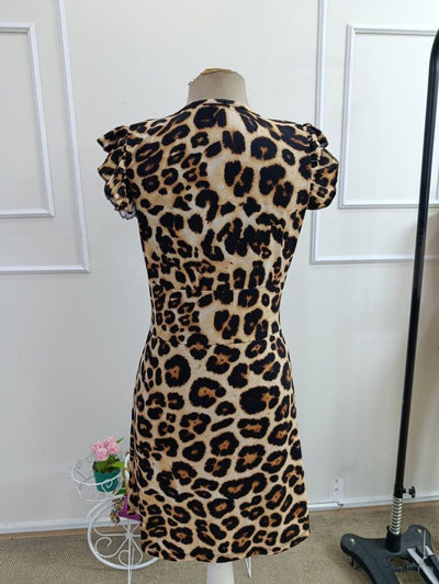 Women's Short Sleeve Deep V-Neck Button-Front Leopard Print Crop Supreme Dress, 33371