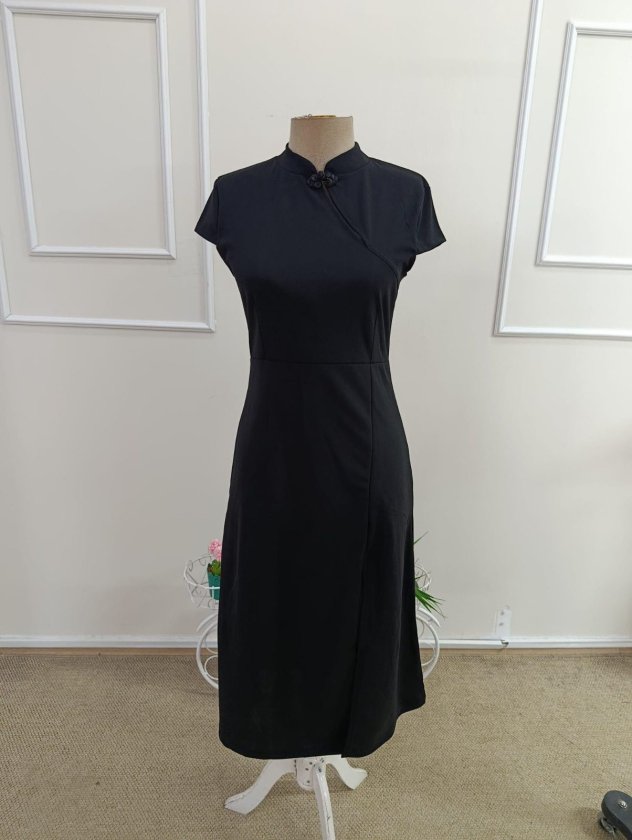 Women's Short Sleeve Mandarin Collar Slit Midi Imported Crepe Dress, 33834