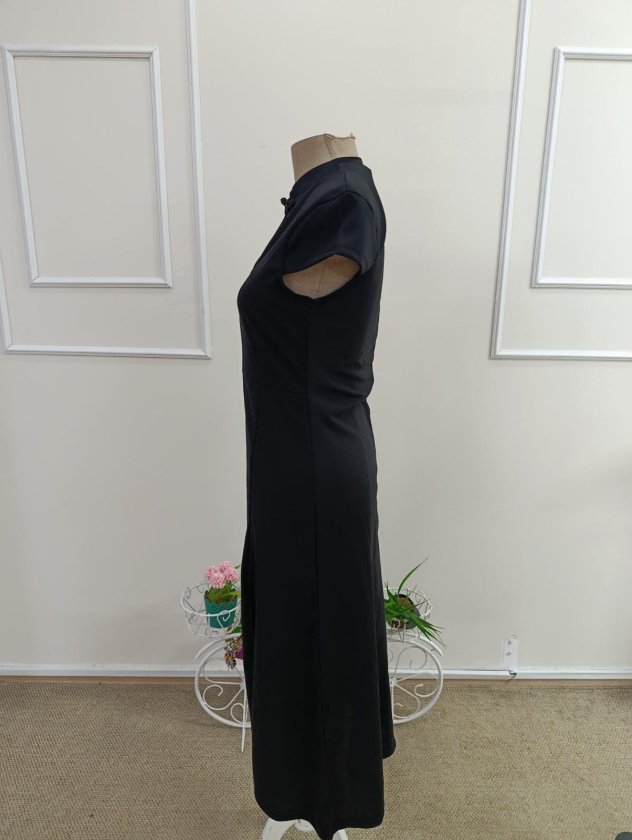 Women's Short Sleeve Mandarin Collar Slit Midi Imported Crepe Dress, 33834