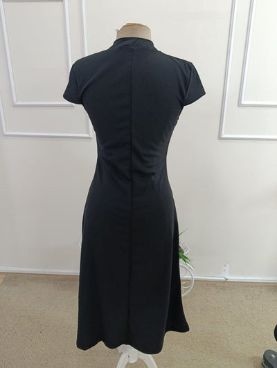 Women's Short Sleeve Mandarin Collar Slit Midi Imported Crepe Dress, 33834