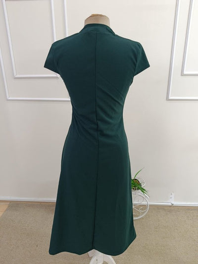 Women's Short Sleeve Mandarin Collar Slit Midi Imported Crepe Dress, 33835