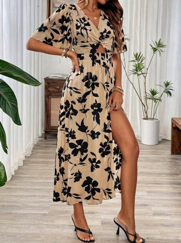 Rochie lungă Supreme pentru femei, cu mânecă scurtă, decolteu în V, talie elastică, crăpătură, imprimeu leopard, 33396