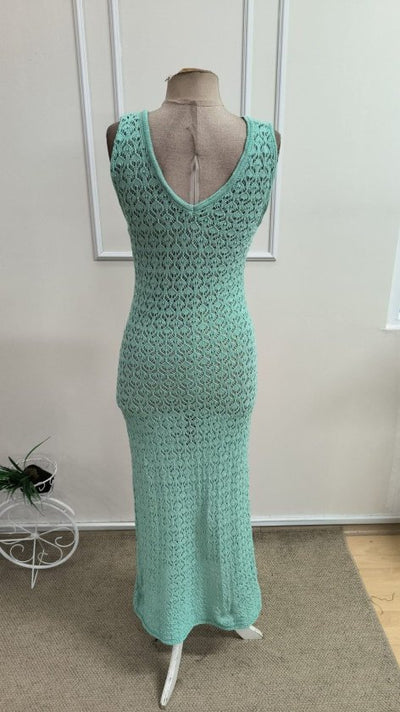 Rochie lungă tricotată cu decolteu în V și bretele pentru femei, 33411