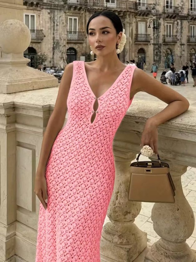 Rochie lungă tricotată cu decolteu în V și bretele pentru femei, 33414