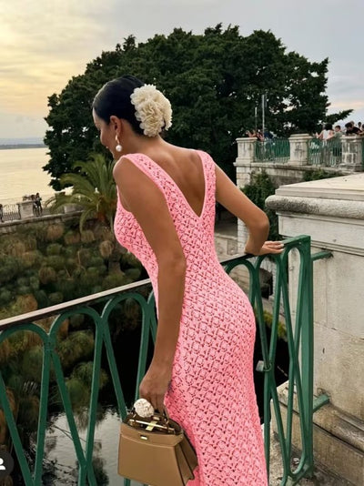 Rochie lungă tricotată cu decolteu în V și bretele pentru femei, 33414