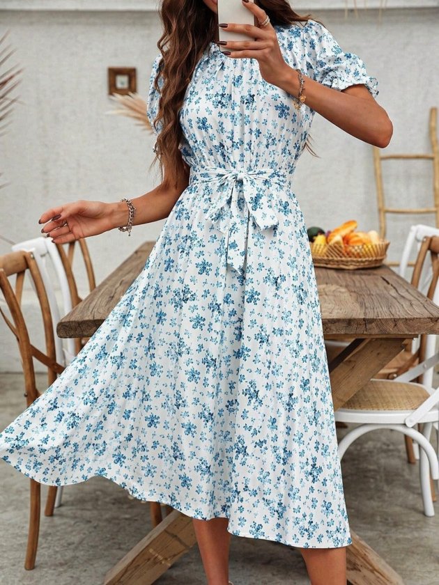 Rochie midi Supreme pentru femei, cu mânecă scurtă, guler, curea, imprimeu leopard, 33458
