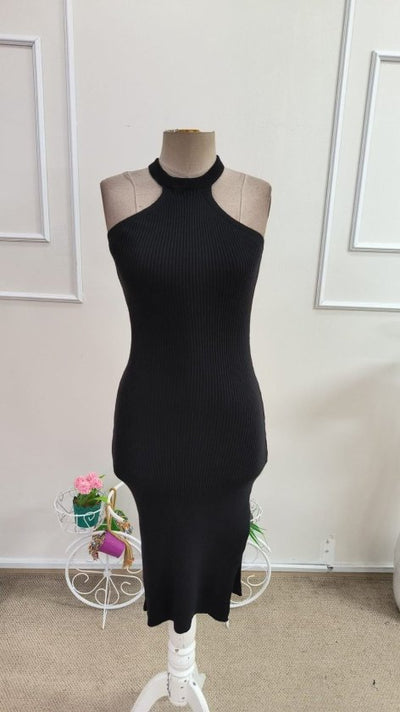 Rochie midi tricotată pentru femei, cu decolteu în V și crăpături laterale, 33462