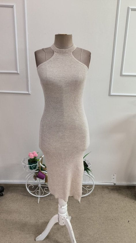Rochie midi tricotată pentru femei, cu decolteu în V și crăpături laterale, 33464