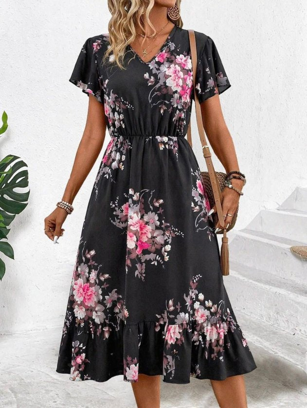 Rochie midi Supreme pentru femei, cu mânecă scurtă, decolteu în V și model, 33474
