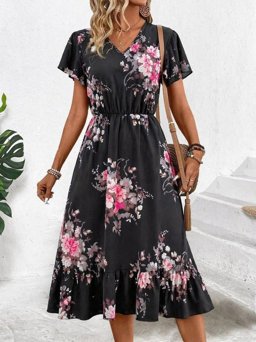 Rochie midi Supreme pentru femei, cu mânecă scurtă, decolteu în V și model, 33474