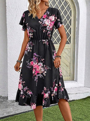 Rochie midi Supreme pentru femei, cu mânecă scurtă, decolteu în V și model, 33474
