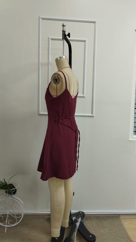 Rochie scurtă pentru femei, cu bretele și nasturi în față, cu șireturi, 33520