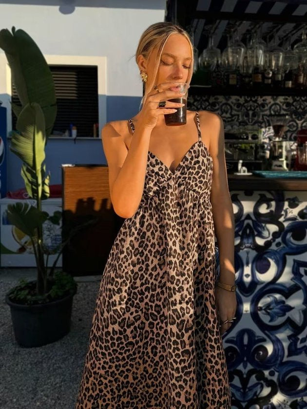 Women's Spaghetti Strap V-Neck Long Patterned Suprem Dress, 33539