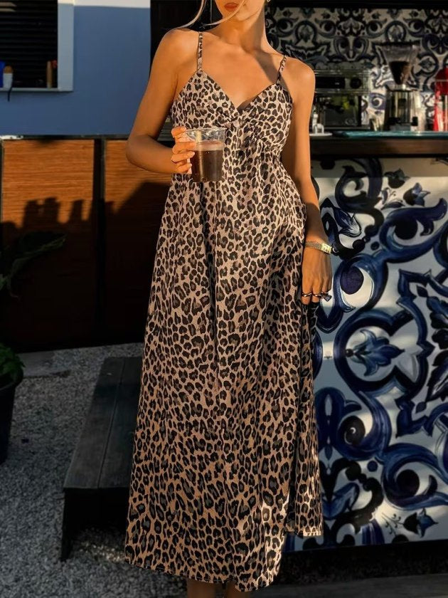 Women's Spaghetti Strap V-Neck Long Patterned Suprem Dress, 33539