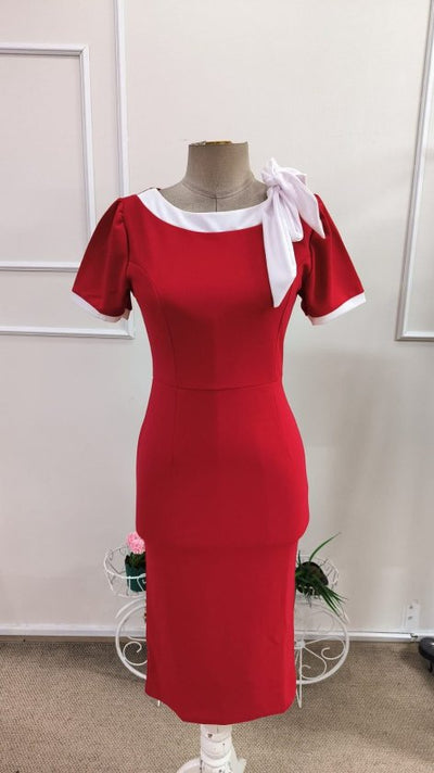 Rochie crep importata scurta pentru femei cu maneca scurta, snur decorativ la gat, 35764