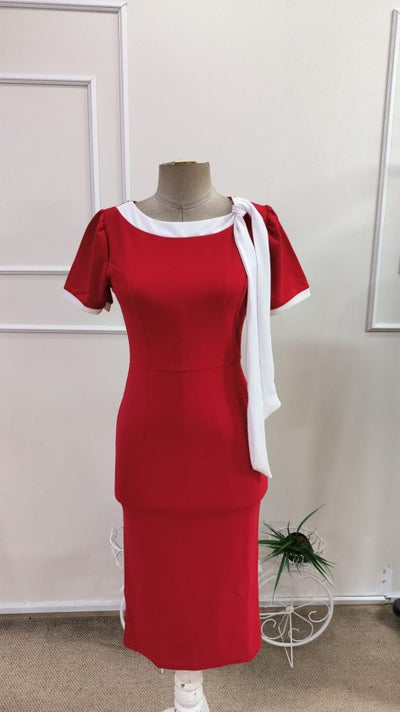 Rochie crep importata scurta pentru femei cu maneca scurta, snur decorativ la gat, 35764