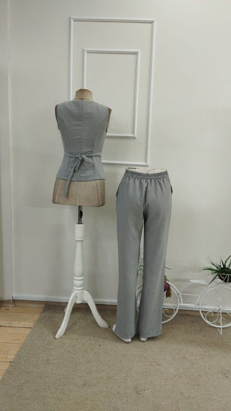 Kadın Askılı önden Düğmeli Bluz Ve Pantolon Keten Ikili Takım, 33552