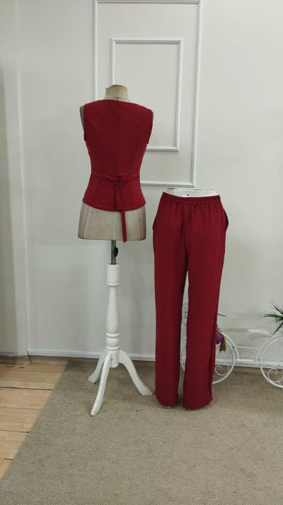 Set Două Piese din In pentru Femei, cu Bluză pe Bretele și Pantalon, cu nasturi în față, 33553