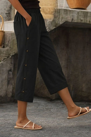 Pantaloni midi elastici cu talie înaltă pentru femei, cu nasturi laterali, 33560