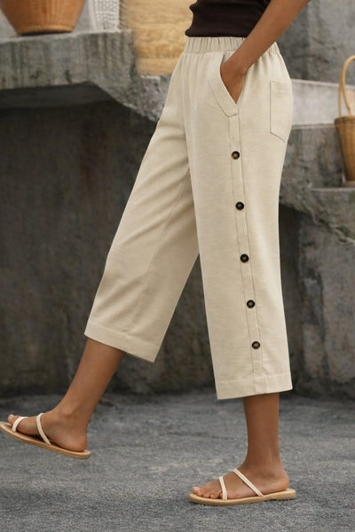 Pantaloni midi de damă, cu talie înaltă, elastică, cu detalii nasturi laterali, 33561