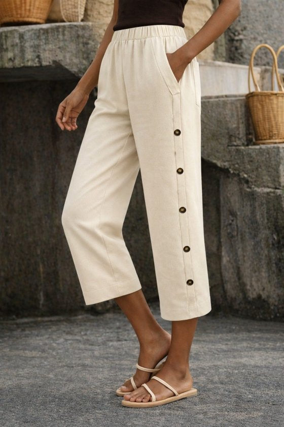 Pantaloni midi de damă, cu talie înaltă, elastică, cu detalii nasturi laterali, 33561