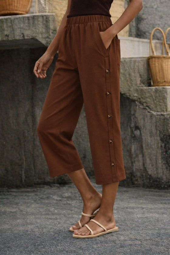 Pantaloni midi elastici cu talie înaltă pentru femei, cu nasturi laterali, 33562