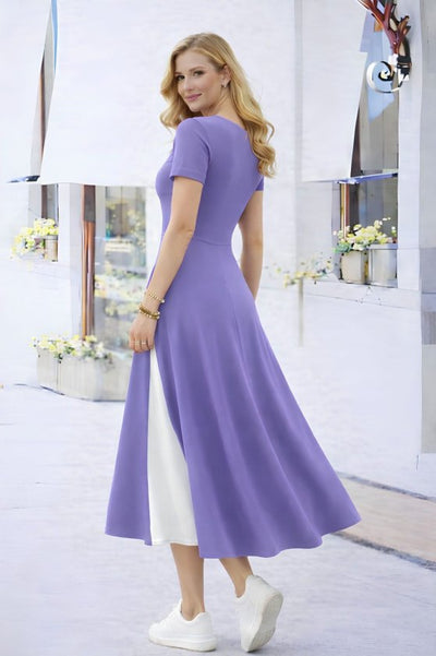 Rochie midi din viscoză pentru femei, cu mânecă scurtă, guler asimetric și detaliu cu nasturi, 33574