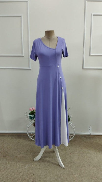 Rochie midi din viscoză pentru femei, cu mânecă scurtă, guler asimetric și detaliu cu nasturi, 33574