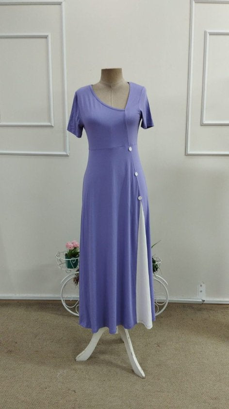 Rochie midi din viscoză pentru femei, cu mânecă scurtă, guler asimetric și detaliu cu nasturi, 33574