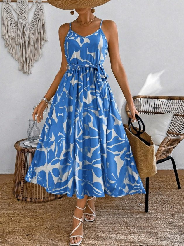 Rochie lungă Supreme cu imprimeu, decolteu în V, cu bretele și curea, pentru femei, 33597