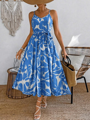 Rochie lungă Supreme cu imprimeu, decolteu în V, cu bretele și curea, pentru femei, 33597