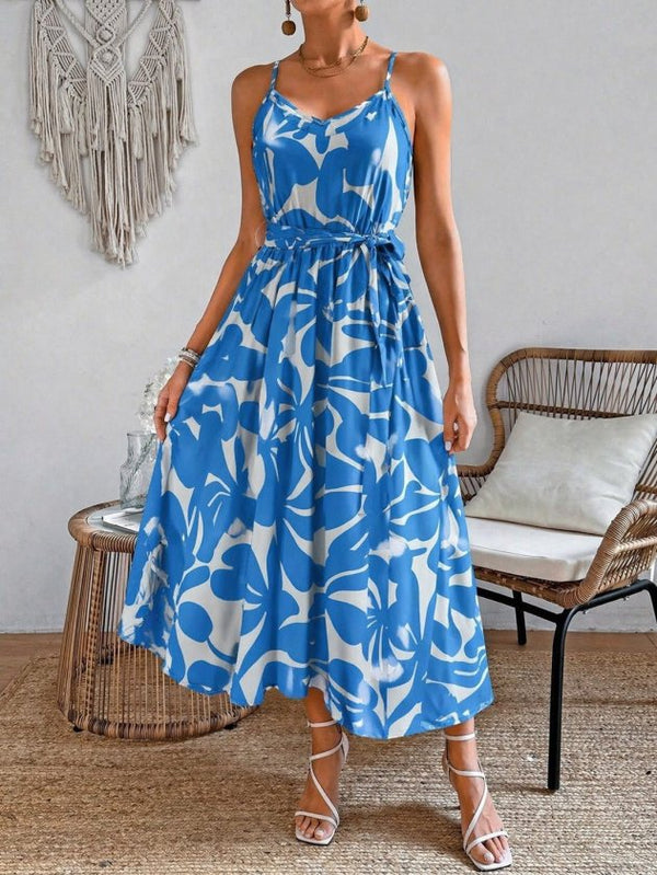 Rochie lungă Supreme cu imprimeu, decolteu în V, cu bretele și curea, pentru femei, 33597