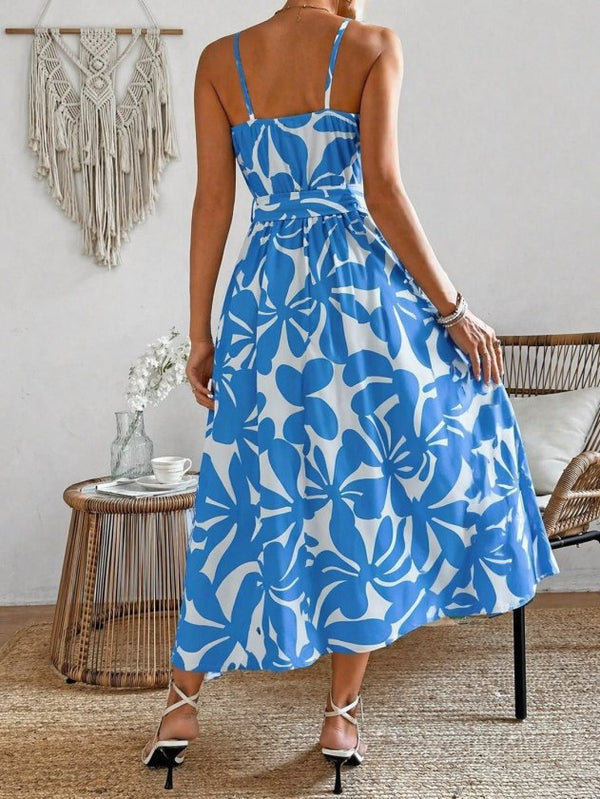 Rochie lungă Supreme cu imprimeu, decolteu în V, cu bretele și curea, pentru femei, 33597