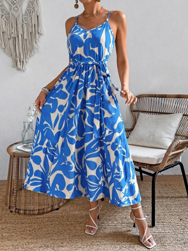 Rochie lungă Supreme cu imprimeu, decolteu în V, cu bretele și curea, pentru femei, 33597