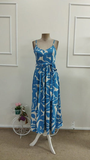 Rochie lungă Supreme cu imprimeu, decolteu în V, cu bretele și curea, pentru femei, 33597