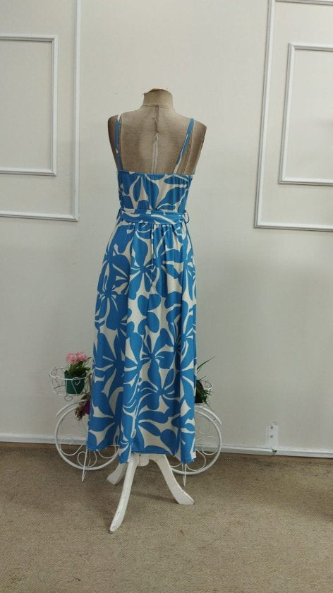 Rochie lungă Supreme cu imprimeu, decolteu în V, cu bretele și curea, pentru femei, 33597
