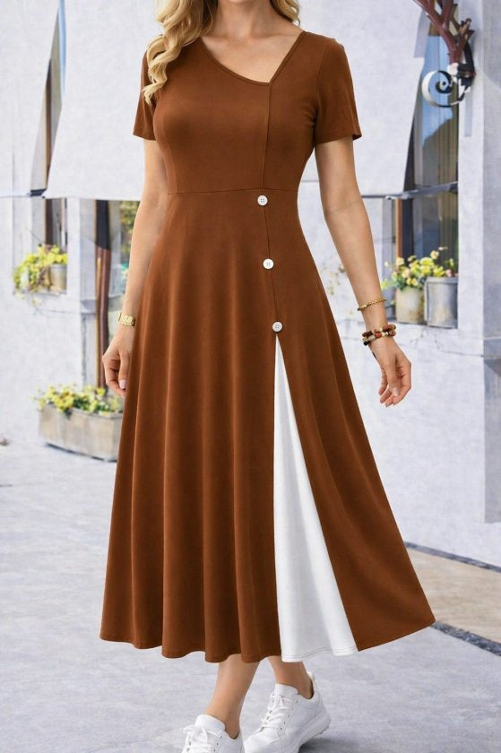 Rochie midi din viscoză pentru femei, cu mânecă scurtă, guler asimetric și detaliu cu nasturi, 33600