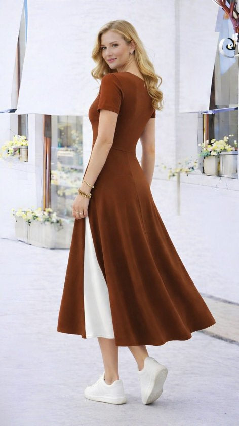 Rochie midi din viscoză pentru femei, cu mânecă scurtă, guler asimetric și detaliu cu nasturi, 33600