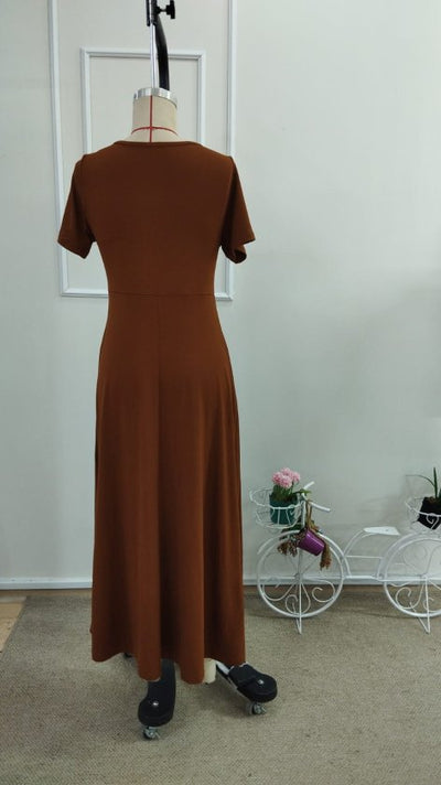 Rochie midi din viscoză pentru femei, cu mânecă scurtă, guler asimetric și detaliu cu nasturi, 33600