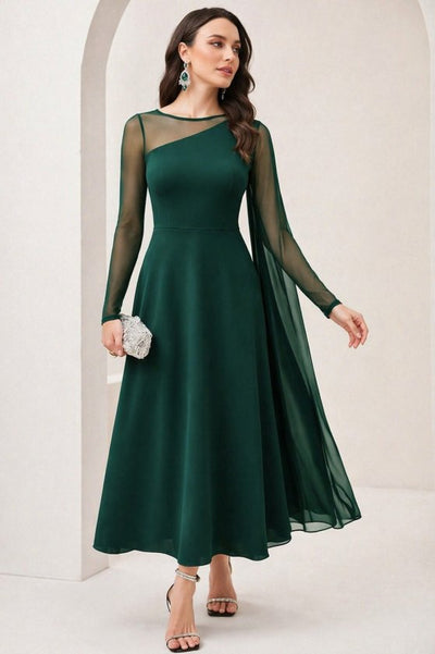 Women's Long Sleeve Mock Neck Tulle Detail Long Sandy Dress, 33666
